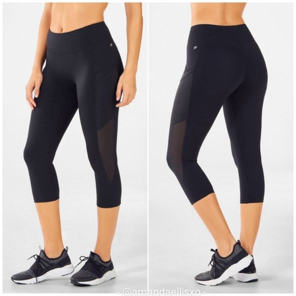 Fabletics Mesh Panel Trinity Mid-Rise Pocket Black Crop Legging EUC sz M
